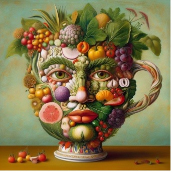 A cup in the style of Arcimboldo.